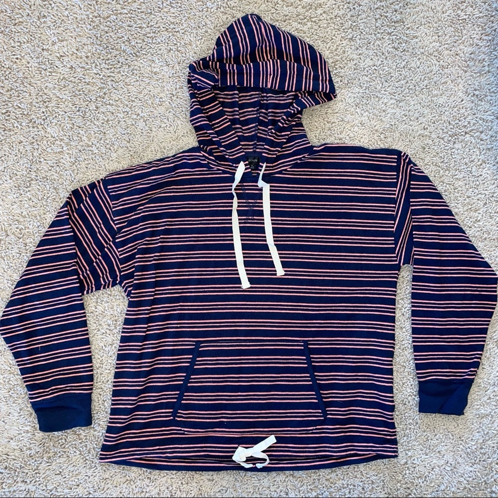 J Crew Drawstring Hoodie in Striped Terry Louisa Stripe Navy Coral Size Medium